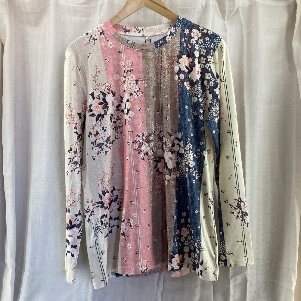 NWT‎ Dressin Top Women M Multi Floral Crew Neck Stretch Casual Long Sleeve